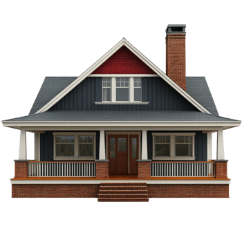 Charming isolated house design featuring a brick and boarded structure with front porch and chimney png