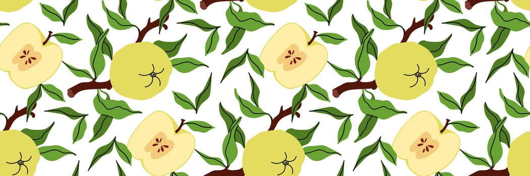 Summer seamless pattern with whole and cut green apples, leaves and branches. Spring garden background. Perfect for textile, menu, packaging, kitchen design. Flat illustration. vector