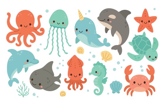Group of cute ocean animals including dolphin, squid, crab, and narwhal, designed for colorful marine wildlife collections and playful aquatic scenes vector