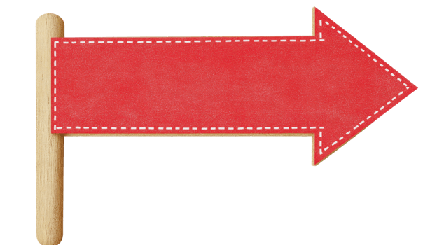 Directional sign with red arrow shape on wooden post for guidance png