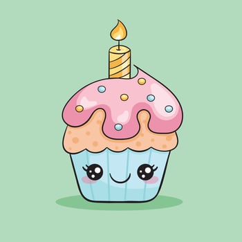 Doodle cupcake, kawaii cupcake with candle, cute birthday character vector