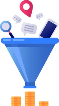 Marketing research, geolocation and mobile marketing being filtered by a sales funnel, generating increasing stacks of coins, representing increasing profits vector