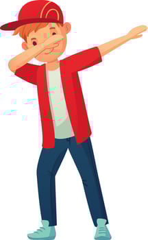 Cartoon illustration of a young person wearing casual clothes with a red cap, a red open jacket, a white t shirt, blue pants and light blue shoes, dabbing with his arm extended vector