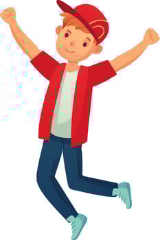Young boy with red cap and jacket is happily jumping with raised arms, celebrating his success, expressing joy and excitement, perfect for youth, achievement and positive emotions concepts vector