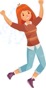 Enthusiastic young woman with red hair and casual clothes jumping with raised arms, expressing joy and excitement, celebrating success or achievement vector