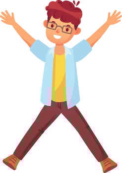 Cheerful student with glasses is jumping with open arms and legs apart, expressing joy and excitement, celebrating academic success or enjoying free time vector