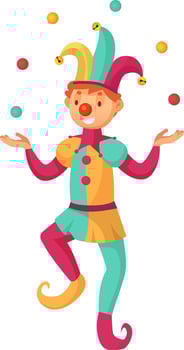 Colorful cartoon illustration of a joker juggling colorful balls, wearing a colorful jester suit and hat with bells, smiling and standing on one leg vector
