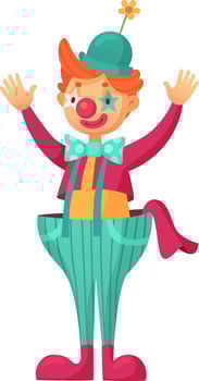 Cartoon clown wearing a vibrant costume with oversized pants, joyfully raising hands in a welcoming gesture, featuring playful makeup and a whimsical hat adorned with a flower vector