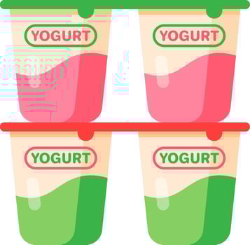 Four plastic yogurt cups, two with a pink strawberry flavor and two with a green pistachio flavor, are waiting to be eaten, a healthy and refreshing snack or breakfast vector
