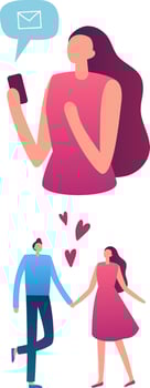 Young woman receiving a heartfelt message, envisioning moments of joy while holding hands with her boyfriend, radiating love and happiness in their romantic connection vector