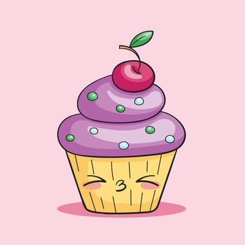 Charming sweet kawaii cupcake with purple cream and cherry. Cute doodle-style character vector