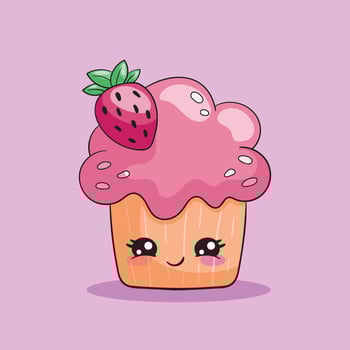 A kawaii cupcake. Sweet cupcake with pink cream and strawberries. A sweet, charming character vector