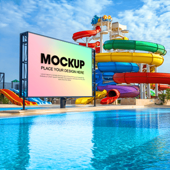 Water Park Advertising Mockup LED Screen Billboard at Poolside with Slides psd
