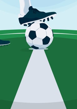 A soccer player preparing for kickoff, standing on a football field with the ball on the center line.Minimalist, clean sports design perfect for a football event promo vector