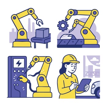 Illustration of robotic arms various industrial settings, showcasing automation and technology vector