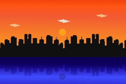 Silhouette Sunset Cityscape with Reflection in Blue Ocean Background. vector