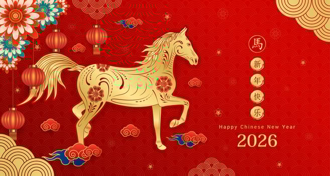 Happy Chinese New Year 2026. Gold horse zodiac and lanterns, cloud on red background. Card design invitation or greeting. Lunar calendar animal. Translation Happy new year, Year of the horse. . vector