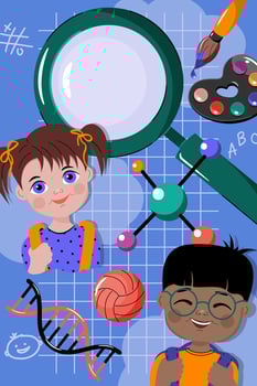 Back to school. Promotional poster with educational supplies and schoolchildren, as well as a sports ball, stationery, magnifying glass. Suitable for signage, sales, covers, leaflets, discounts. vector