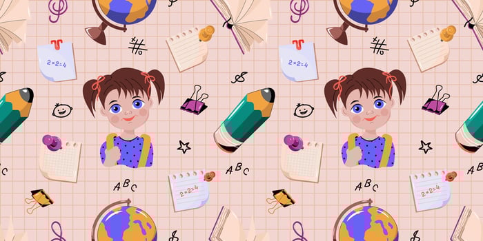 Seamless pattern on the theme of education. Ornament with a cute schoolgirl and educational accessories for covers, packaging paper, school goods. vector