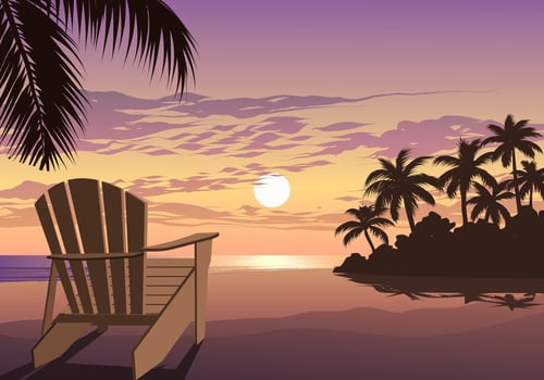 A beach scene with a chair and a palm tree vector