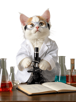a cat in a lab coat is looking at a microscope png