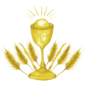 Golden chalice and ears of wheat. Catholic religious symbols. For first communion, wedding, baprism greeting card, invitation. Hand drawn. Isolated. Watercolor illustration png