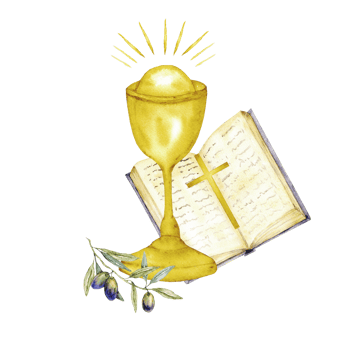 Chalice, open Bible and olive branch. Isolated. Watercolor illustration, catholic religious symbols. For first communion, wedding, baprism greeting card, invitation. Hand drawn png
