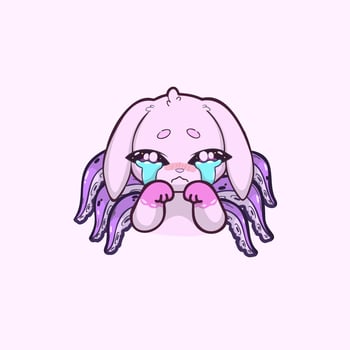 Cute crying bunny-octopus hybrid character with big teary eyes, pastel colors, and expressive emotional pose. Adorable cartoon style illustration with soft shading and clean lines. vector