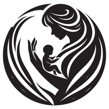 Motherhood love and care illustration for poster design with baby in arms black and white graphic silhouette, mothers day vector