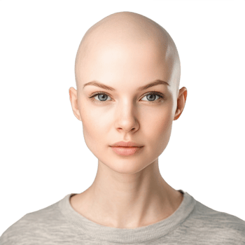 Beautiful young woman with bald head after chemotherapy isolated on transparent background png