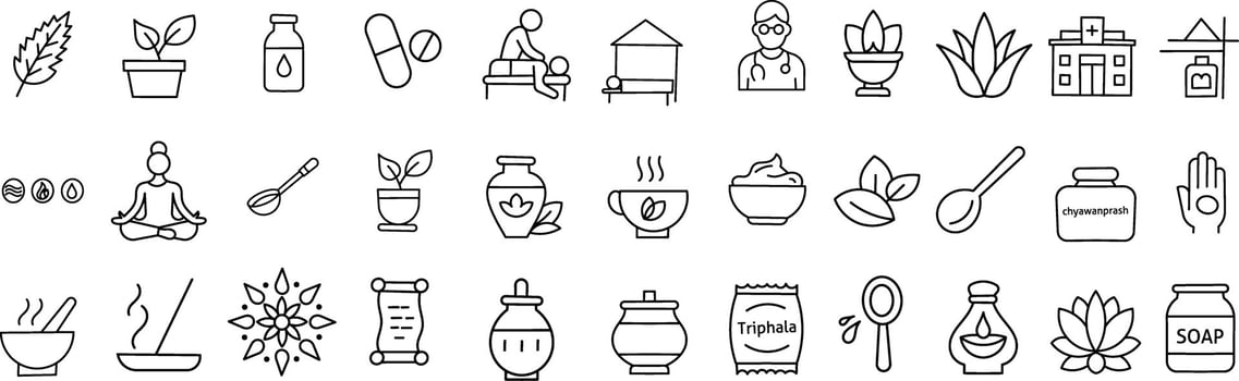 33 Ayurveda and Herbal Wellness Line Icons Outline Set vector