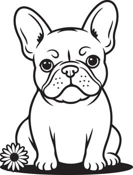 Black and White Illustration of a Sitting French Bulldog Puppy with a Flower vector