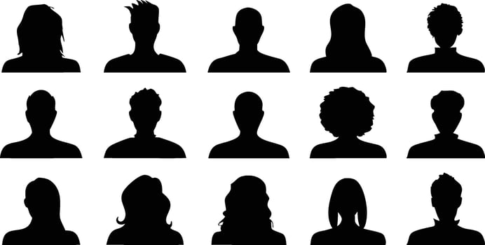 A grid of diverse male and female user profile silhouettes. vector