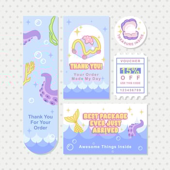 a set of ocean theme of thank you card for package insert kit vector