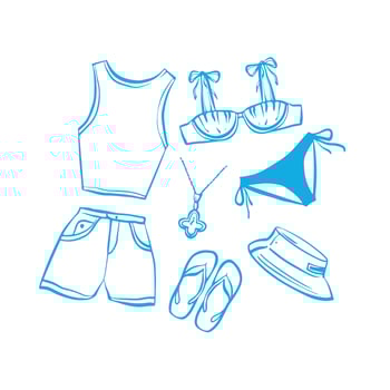 Set of summer clothing in blue color and minimalist flat style. Includes a tank top, shorts, swimsuit, sunhat, sandals and beach accessories. Perfect for fashion, summer and vacation. illustration vector