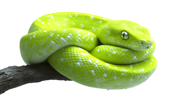 Bright Green Snake Coiled on Branch Reptile CloseUp png