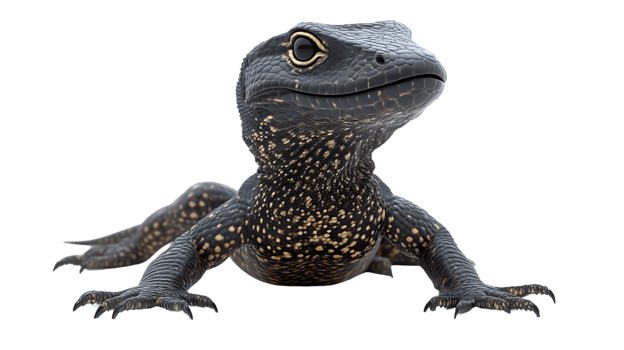 Closeup of a black lizard with yellow spots looking upward png