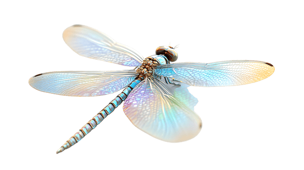Closeup of iridescent dragonfly with spread wings on black background png