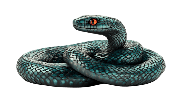 Intricate Blue Snake Coiled with Glowing Red Eyes Detailed Scales Wildlife Photography Natur png
