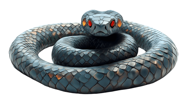 Serpentine Coiled Reptile with Glowing Eyes 3D Render Dark Background png