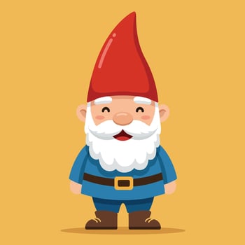 Cartoon garden gnome with red hat and white beard standing on yellow background illustration vector