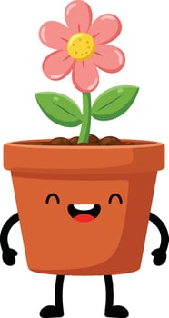 Happy flower plant in smiling terracotta pot with green leaves and pink petals illustration vector