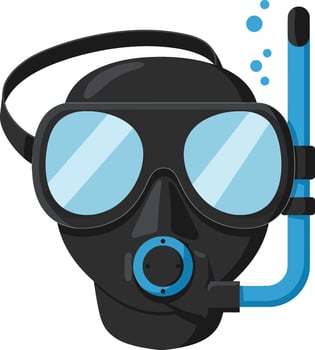 Diving mask and snorkel illustration with blue snorkel tube and black diving gear for underwater exploration vector