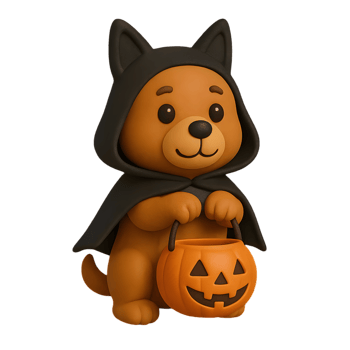 Halloween dog in costume with pumpkin bucket transparent background playful environment adorable viewpoint png