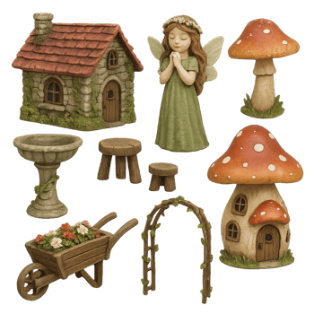 Enchanted Fairy Garden with Cottage and Whimsical Elements png
