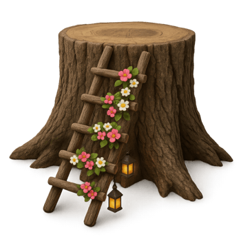 Rustic Fantasy Ladder Adorning Tree Stump with Flowers and Lanterns png