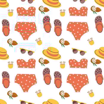 Vacation outfit, seamless pattern, accesories for beach and warm weather, illustration isolate on white background vector