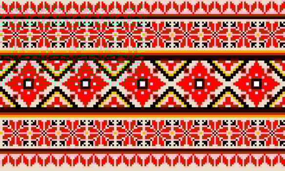 a detailed pattern composed of pixel designs with red flowers and black square on light yellow background , design for fabric or various pattern printing works. vector