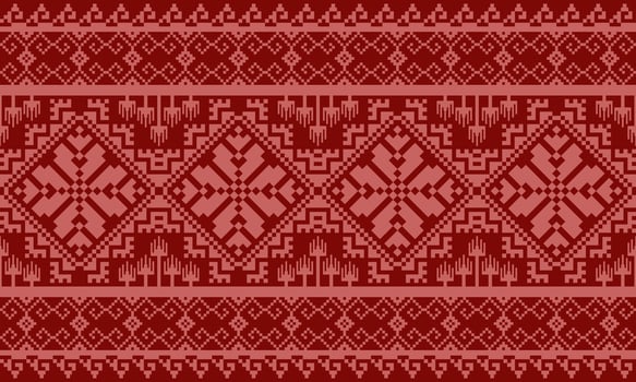 a detailed pattern composed of pixel designs with light red flowers on dark red background , design for fabric or various pattern printing works. vector