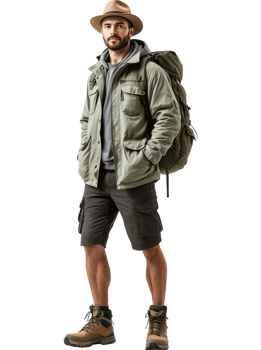 Hiker in Green Jacket and Cargo Shorts png